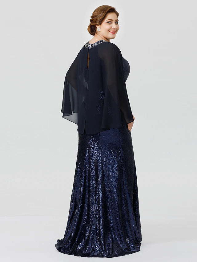 Meerjungfrau/Trompete Kleid für die Mutter der Braut, formell, schick und modern, glamourös und dramatisch, Übergröße, Rundhalsausschnitt, bodenlang, Chiffon, mit Pailletten, 3/4-Ärmel, nein, mit Kristallen und Perlen